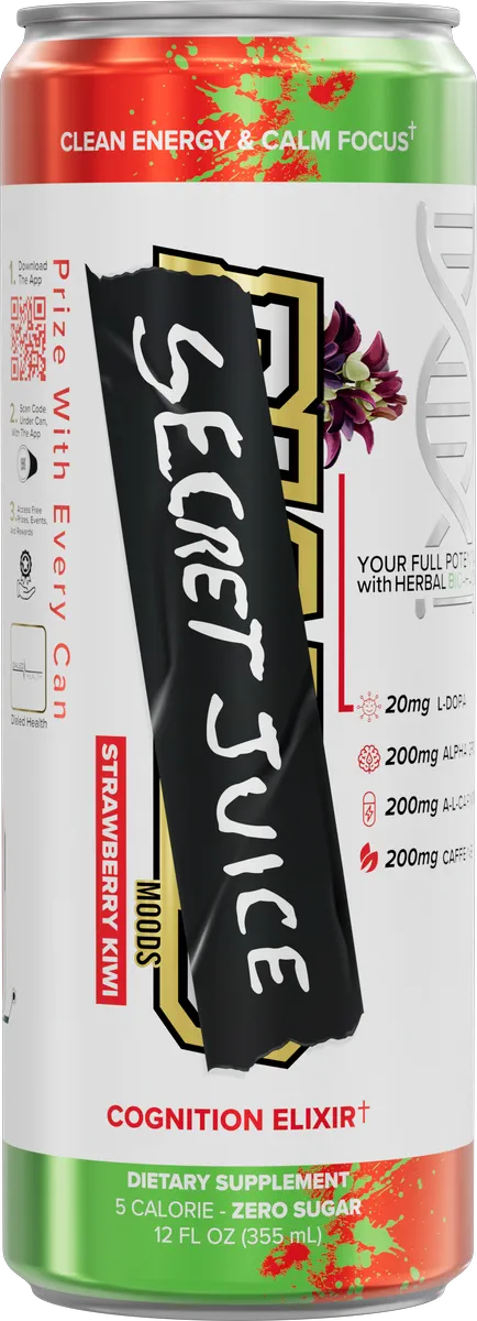 A can of Secret Juice, Cognition Elixir, strawberry kiwi